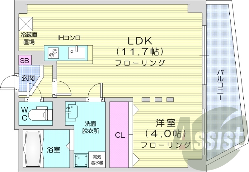1LDK、オール電化、エアコン、バストイレ別
