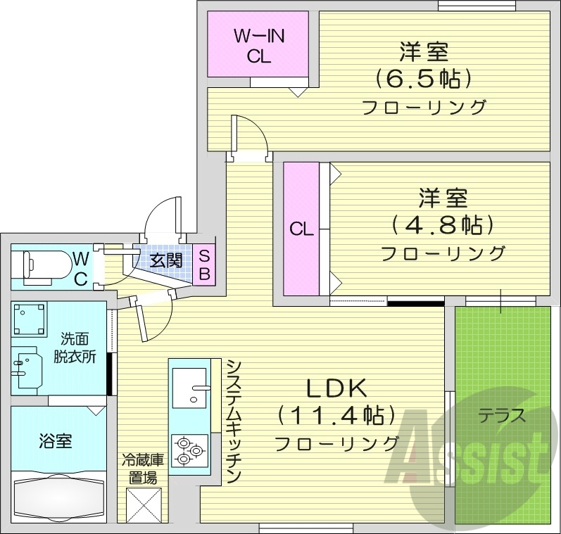 2LDK、エアコン、システムキッチン、浴室乾燥機