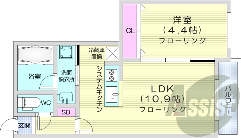 1LDK、エアコン、システムキッチン、浴室乾燥機