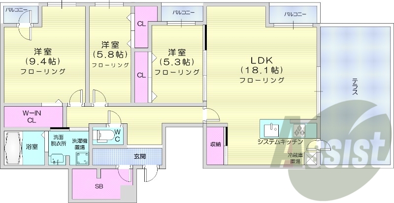 3LDK、都市ガス、システムキッチン、独立洗面台