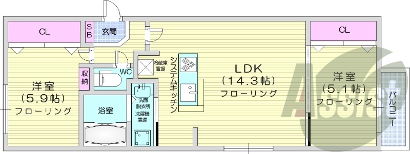 2LDK、ガスリミット、エアコン、システムキッチン