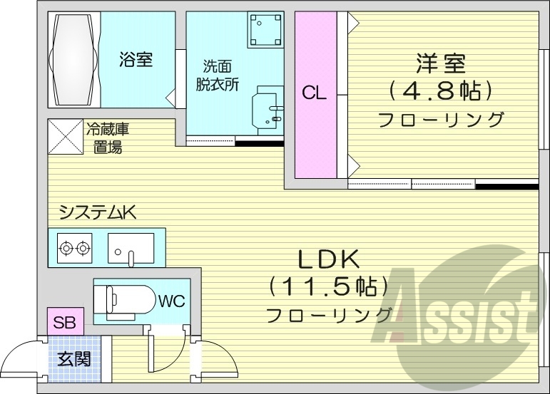 1LDK、都市ガス、エアコン、システムキッチン