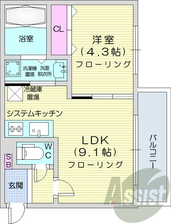 1LDK、都市ガス、エアコン、システムキッチン