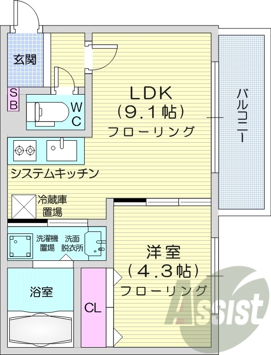 1LDK、都市ガス、エアコン、システムキッチン