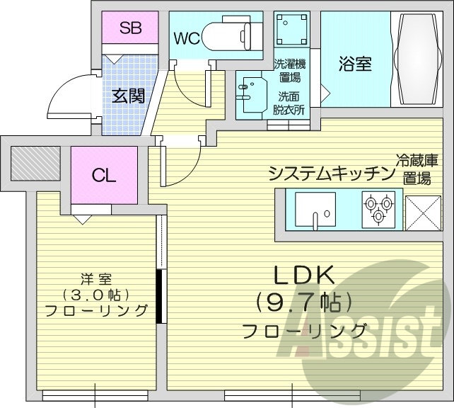 1LDK、エアコン、システムキッチン、浴室乾燥機