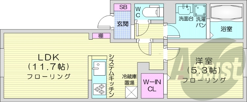 1LDK、エアコン、ネット無料、システムキッチン