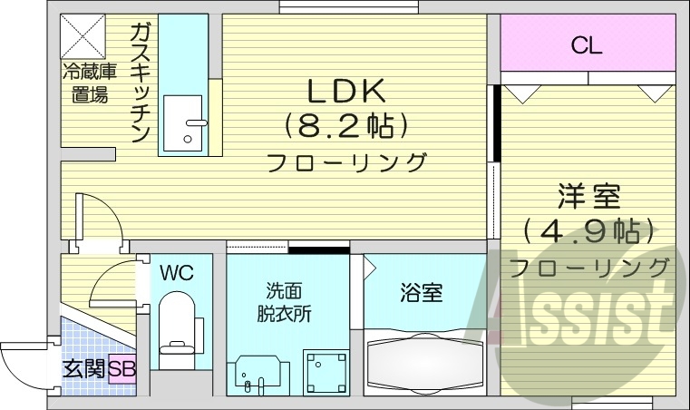 1LDK、都市ガス、エアコン、浴室乾燥機、ネット無料