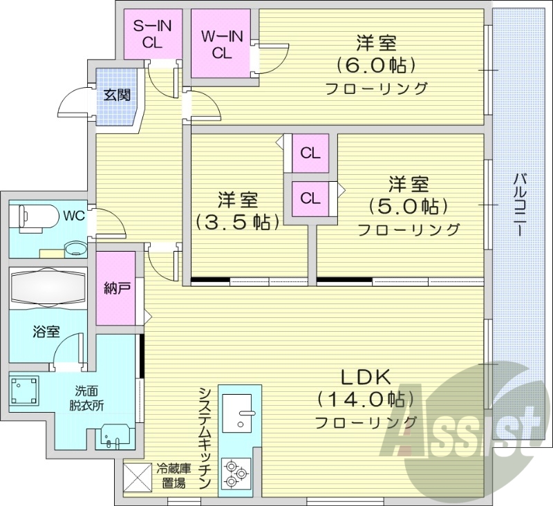 3LDK、システムキッチン、都市ガス、追い焚き