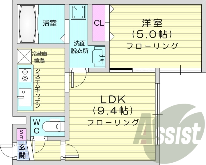 1LDK、インターネット無料、システムキッチン