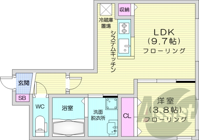 1LDK、都市ガス、エアコン、システムキッチン、浴室乾燥機