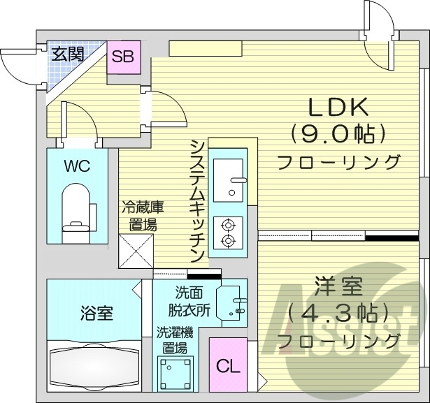 1LDK、都市ガス、エアコン、独立洗面台、システムキッチン