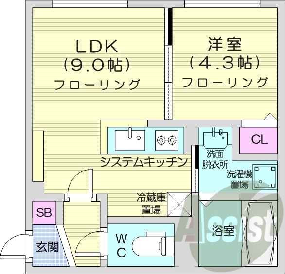 1LDK、都市ガス、エアコン、独立洗面台、システムキッチン