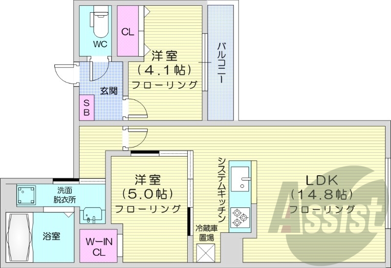 2LDK、エアコン、システムキッチン、独立洗面台、ネット無料