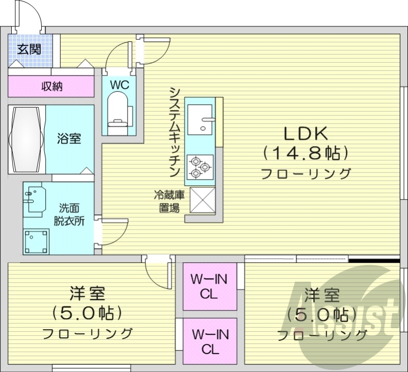2LDK、エアコン、独立洗面台、システムキッチン、ネット無料