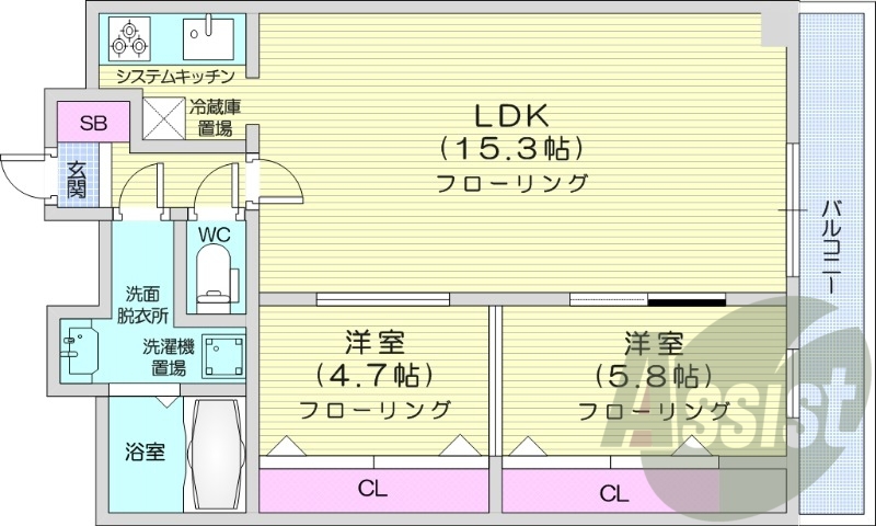 2LDK、洗髪洗面化粧台、エアコン、室内洗濯機置場