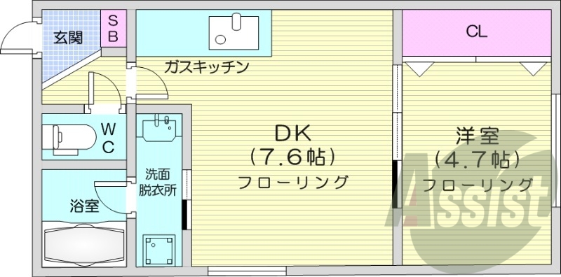 1DK　独立洗面台、ウォシュレット、クローゼット