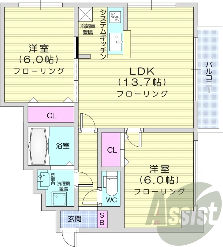2LDK、バストイレ別、エアコン、システムキッチン