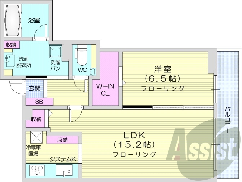 1LDK、都市ガス、追い焚き、システムキッチン