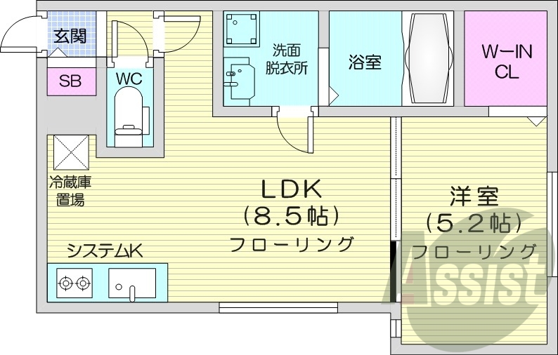 1LDK、エアコン、システムキッチン、灯油暖房、独立洗面台