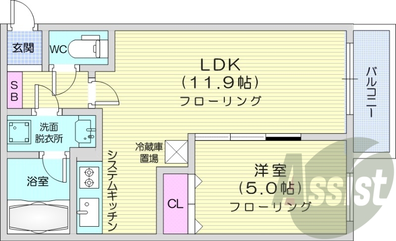 1LDK、都市ガス、エアコン、浴室乾燥機。システムキッチン