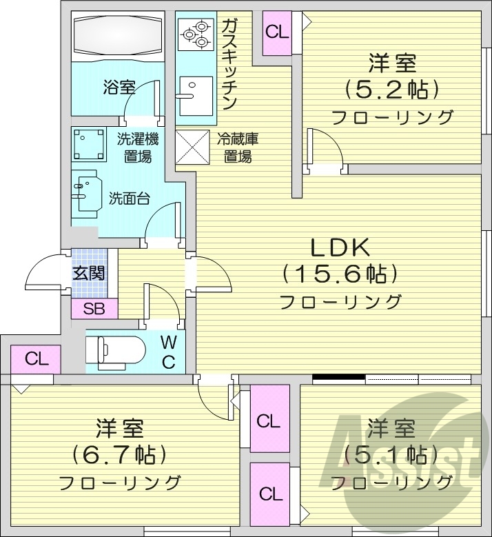 3LDK、都市ガス、エアコン、追い焚き、浴室乾燥機