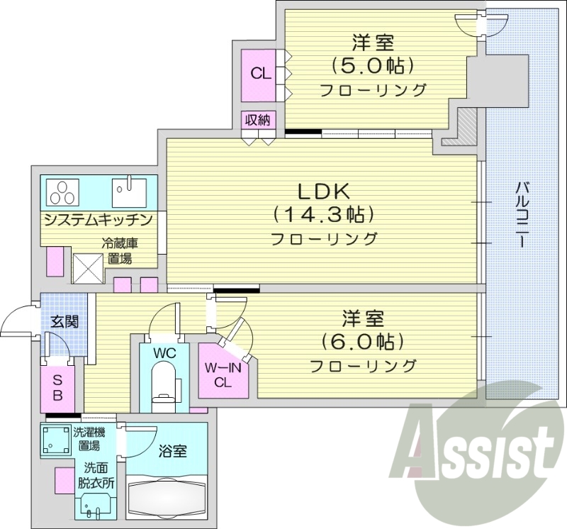 2LDK、浴室乾燥機、浴室暖房、バストイレ別