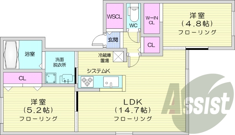 2LDK、浴室乾燥機、エアコン、灯油暖房、独立洗面台