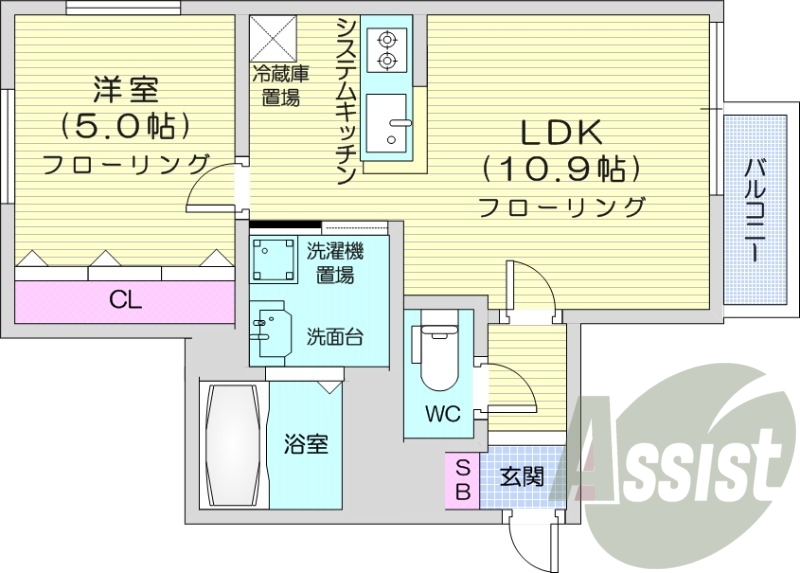 1LDK、都市ガス、エレベータ、対面システムキッチン