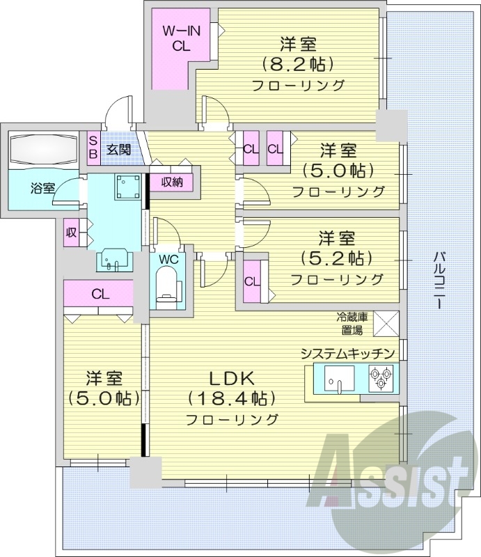 4LDK、分譲、システムキッチン、都市ガス、2面バルコニー