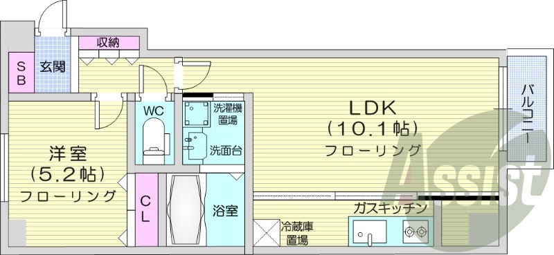 1LDK、角部屋、都市ガス、システムキッチン、エアコン