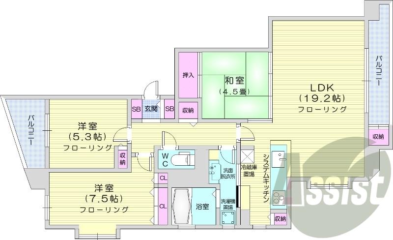 3LDK、灯油セントラル給湯、対面式キッチン、バルコニー