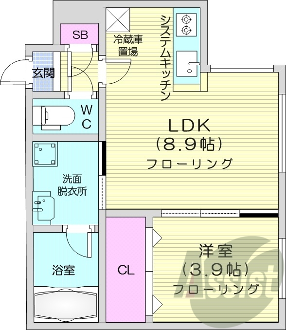1LDK、都市ガス、エアコン、浴室乾燥機、システムキッチン