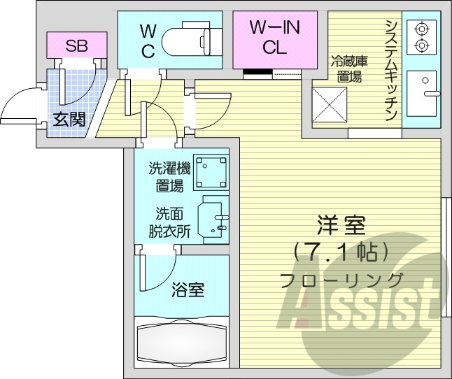 1K、都市ガス、エアコン、浴室乾燥機、システムキッチン