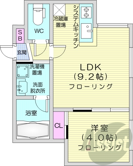 1LDK、都市ガス、エアコン、浴室乾燥機、システムキッチン
