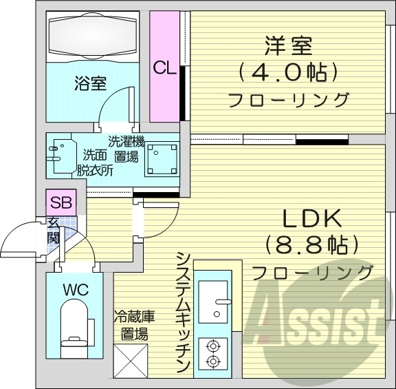 1LDK、都市ガス、エアコン、浴室乾燥機、システムキッチン