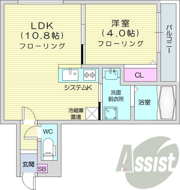 1LDK、都市ガス、浴室乾燥機、エアコン、システムキッチン