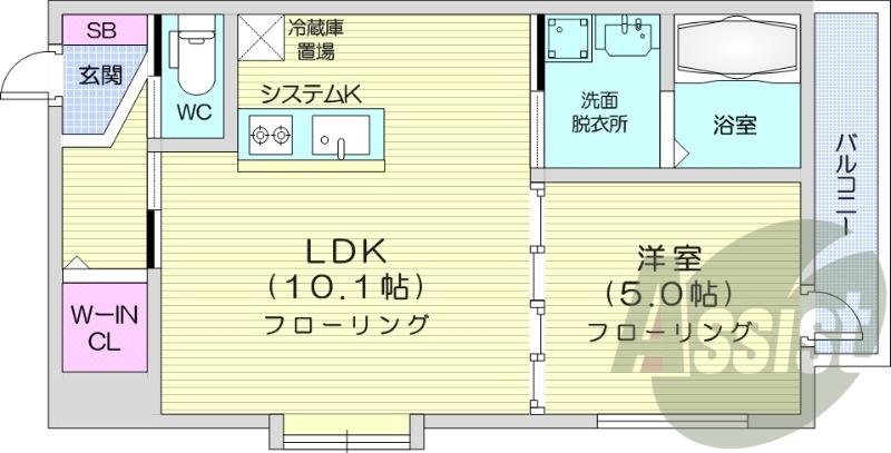 1LDK、都市ガス、追い焚き、独立洗面台、システムキッチン