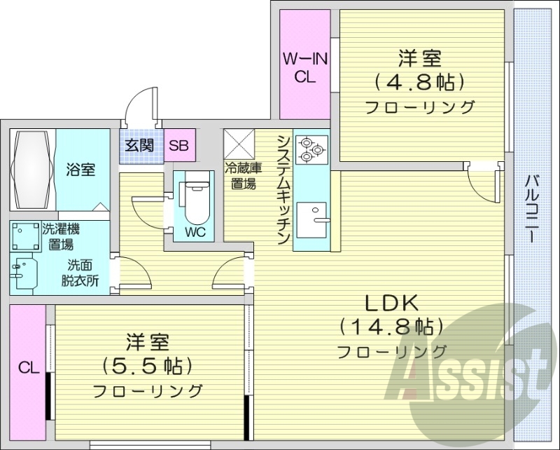 2LDK。都市ガス、エアコン、追い焚き、システムキッチン