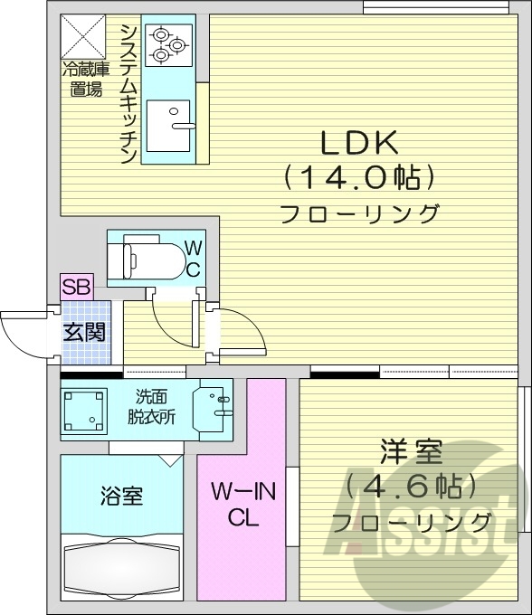 1LDK、都市ガス、エアコン、追い焚き、システムキッチン