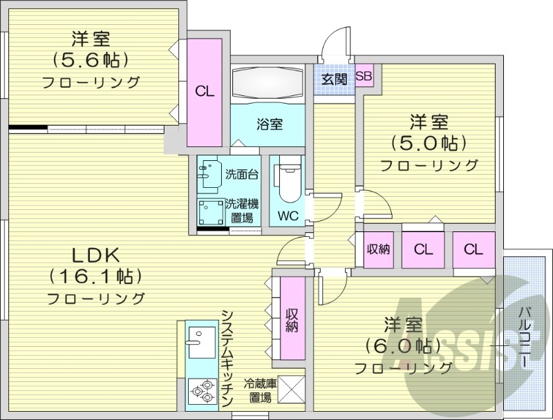 3LDK、都市ガス、システムキッチン、シャワートイレ