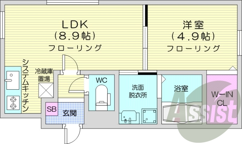 1LDK、都市ガス、エアコン、浴室乾燥機、システムキッチン