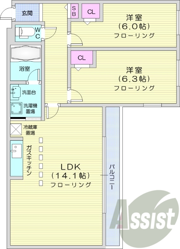 2LDK、オートロック、ペット可、ネット無料