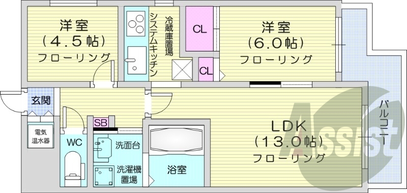 2LDK、エアコン、独立洗面台、システムキッチン、オール電化
