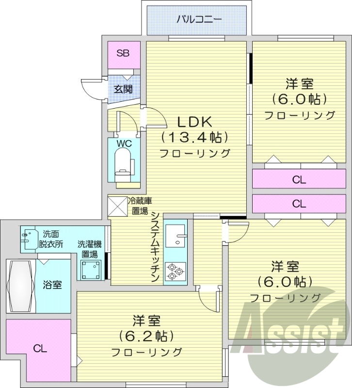 3LDK、エアコン、追い焚き、システムキッチン、一坪バス