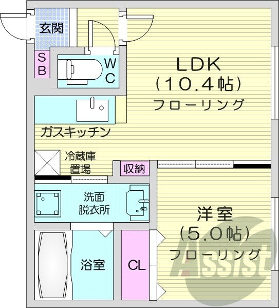 1LDK、都市ガス、TV付インターホン、ガス暖房