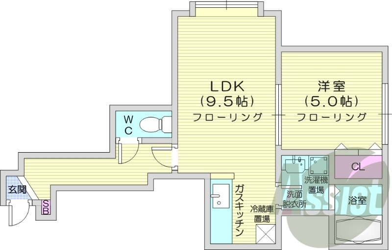1LDK、灯油暖房、インターネット無料、脱衣所