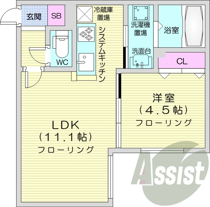 1LDK、システムキッチン、エアコン、ネット使用料無料