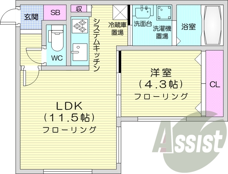 １LDK、システムキッチン、シャワートイレ、エアコン