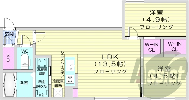 2LDK、都市ガス、エアコン、システムキッチン、ネット無料