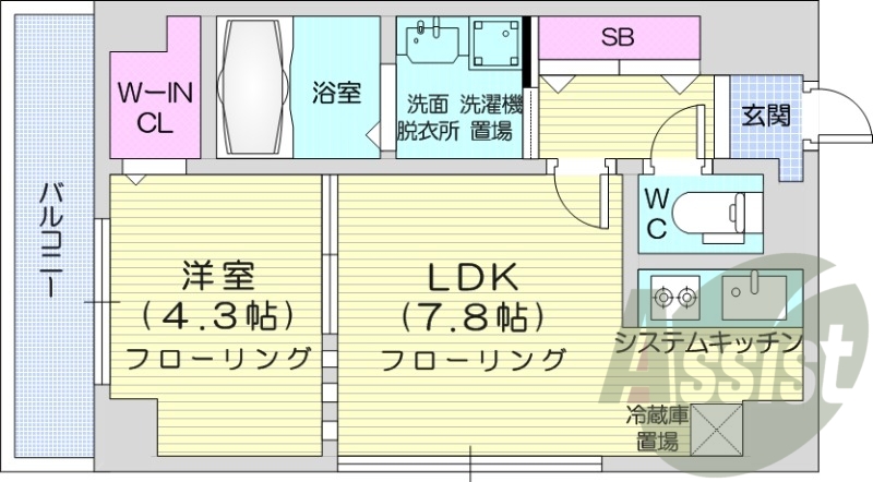 1DK、システムキッチン、都市ガス、エアコン